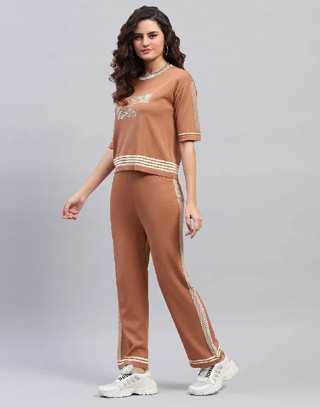 Women Brown Self Design Round Neck Half Sleeve Cords Set