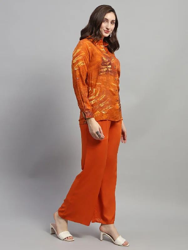 Women Dark Rust Embroidered Collar Full Sleeve Cords Set