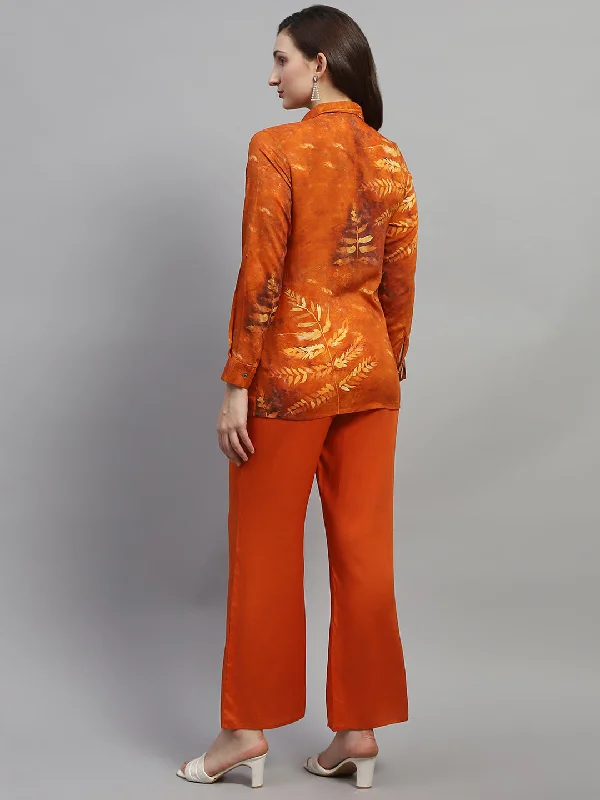 Women Dark Rust Embroidered Collar Full Sleeve Cords Set