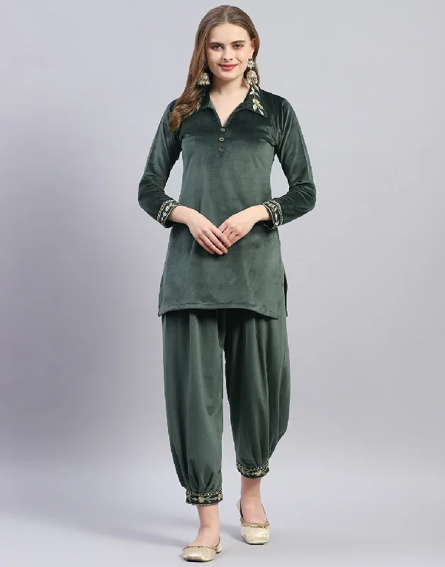 Women Green Embroidered Collar Full Sleeve Cords Set