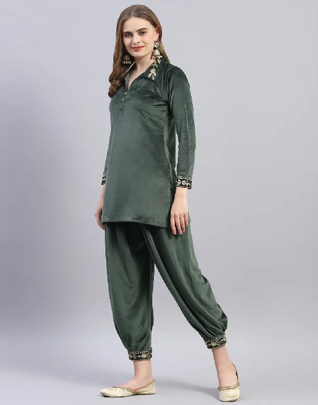 Women Green Embroidered Collar Full Sleeve Cords Set