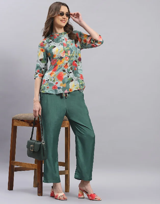 Women Green Printed Mandarin Collar Half Sleeve Cords Set