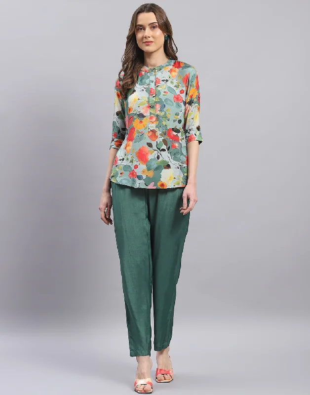 Women Green Printed Mandarin Collar Half Sleeve Cords Set