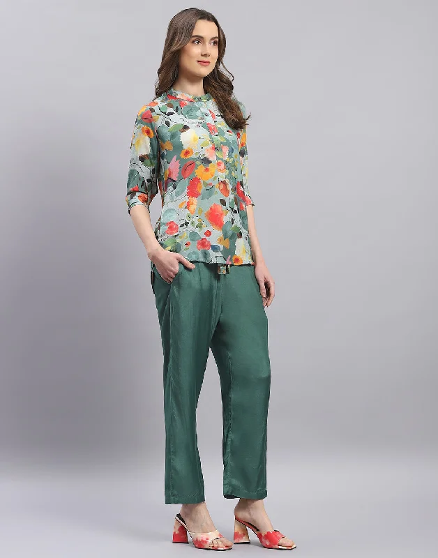 Women Green Printed Mandarin Collar Half Sleeve Cords Set