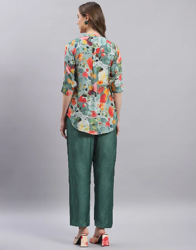 Women Green Printed Mandarin Collar Half Sleeve Cords Set