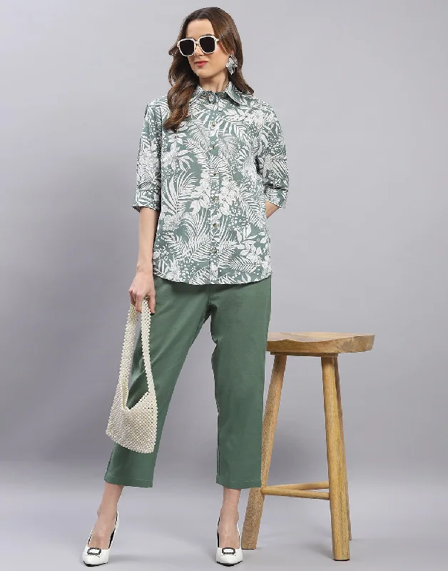 Women Green Printed Spread Collar Half Sleeve Cords Set