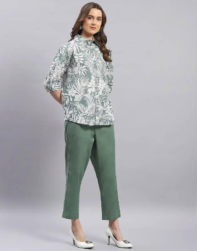 Women Green Printed Spread Collar Half Sleeve Cords Set