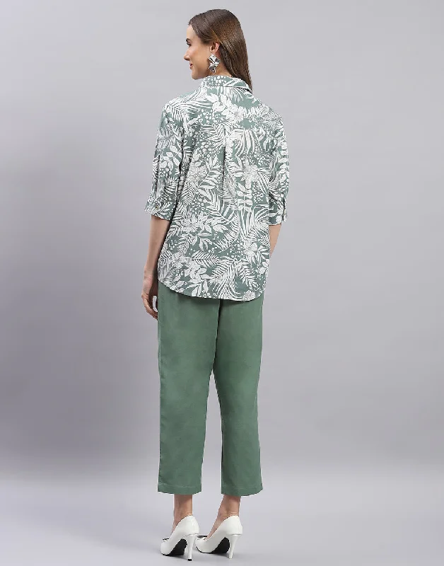 Women Green Printed Spread Collar Half Sleeve Cords Set