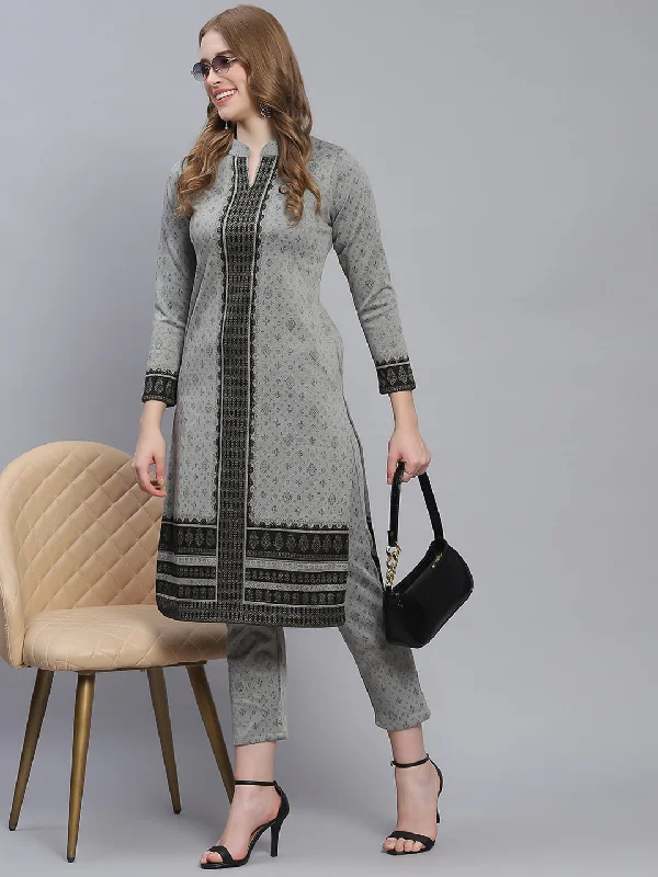 Women Grey Self Design Collar Full Sleeve Kurtis Set