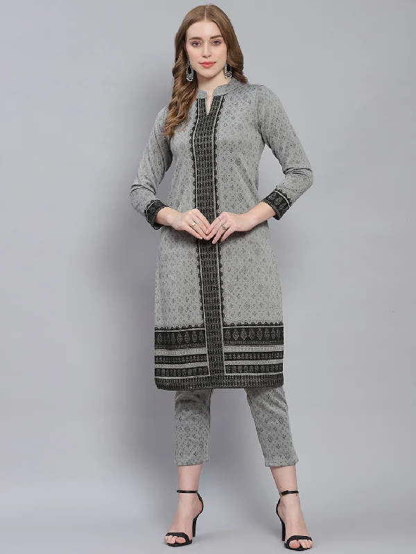 Women Grey Self Design Collar Full Sleeve Kurtis Set