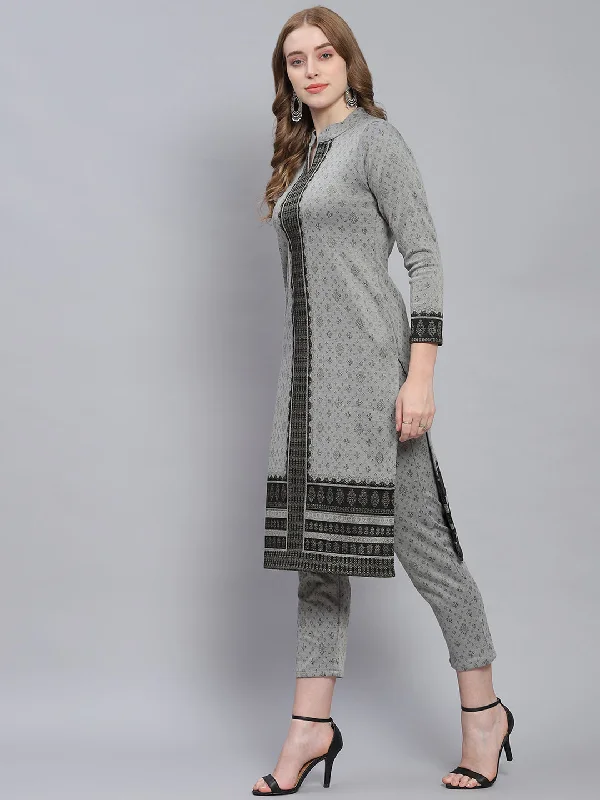 Women Grey Self Design Collar Full Sleeve Kurtis Set