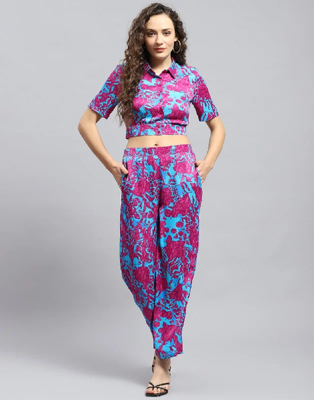 Women Magenta Printed Collar Half Sleeve Cords Set