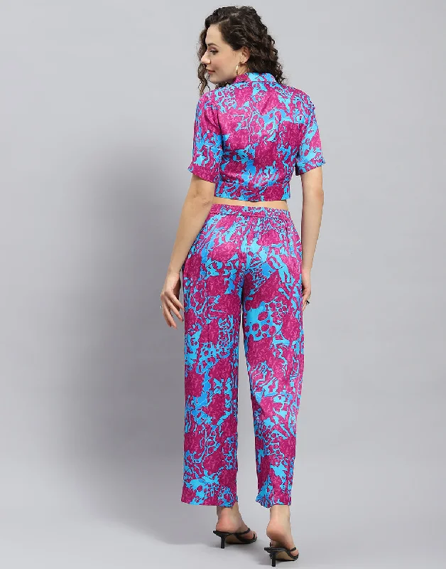 Women Magenta Printed Collar Half Sleeve Cords Set