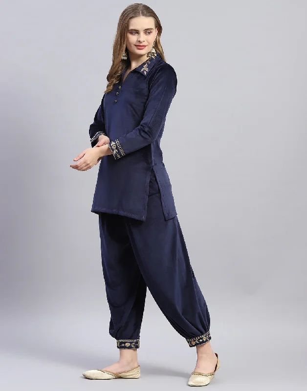 Women Navy Blue Embroidered Collar Full Sleeve Cords Set