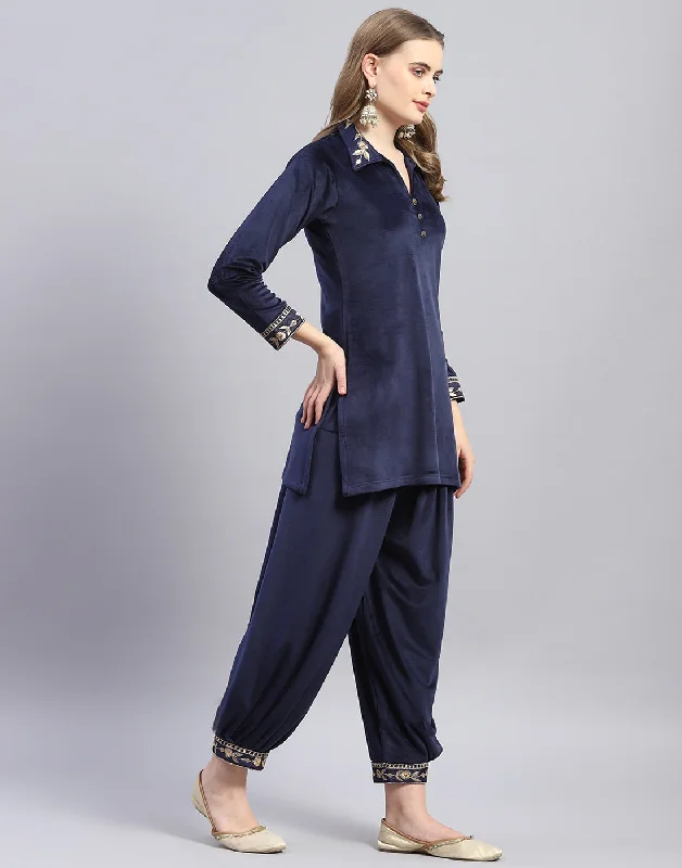 Women Navy Blue Embroidered Collar Full Sleeve Cords Set