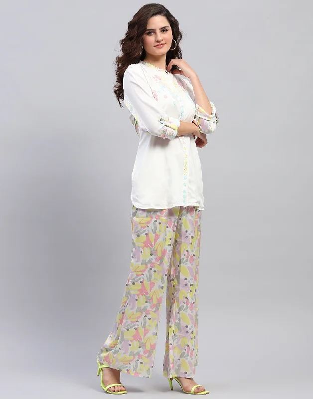 Women Off White Embroidered Front Open Full Sleeve Cords Set