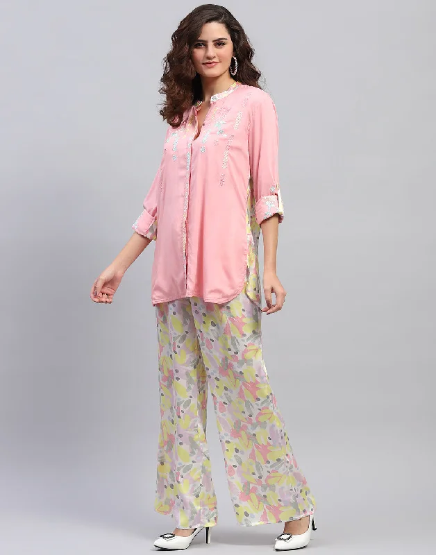 Women Pink Embroidered Front Open Full Sleeve Cords Set