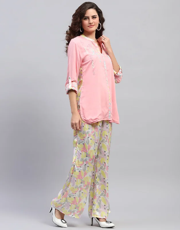 Women Pink Embroidered Front Open Full Sleeve Cords Set