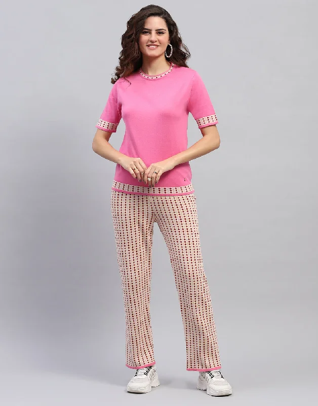 Women Pink Jaquard Round Neck Half Sleeve Cords Set