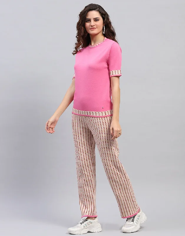 Women Pink Jaquard Round Neck Half Sleeve Cords Set