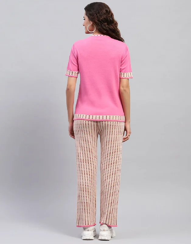 Women Pink Jaquard Round Neck Half Sleeve Cords Set