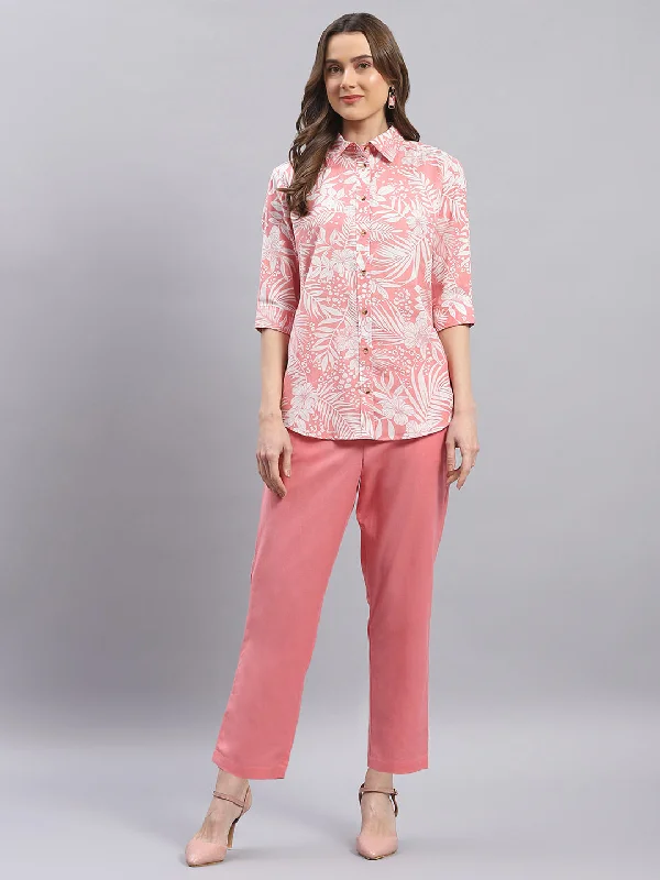 Women Pink Printed Collar 3/4 Sleeve Cords Set