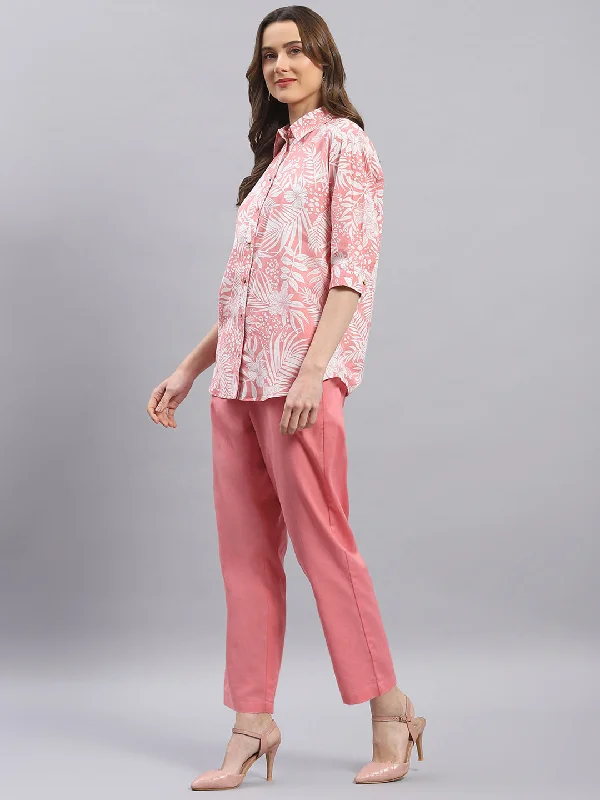 Women Pink Printed Collar 3/4 Sleeve Cords Set