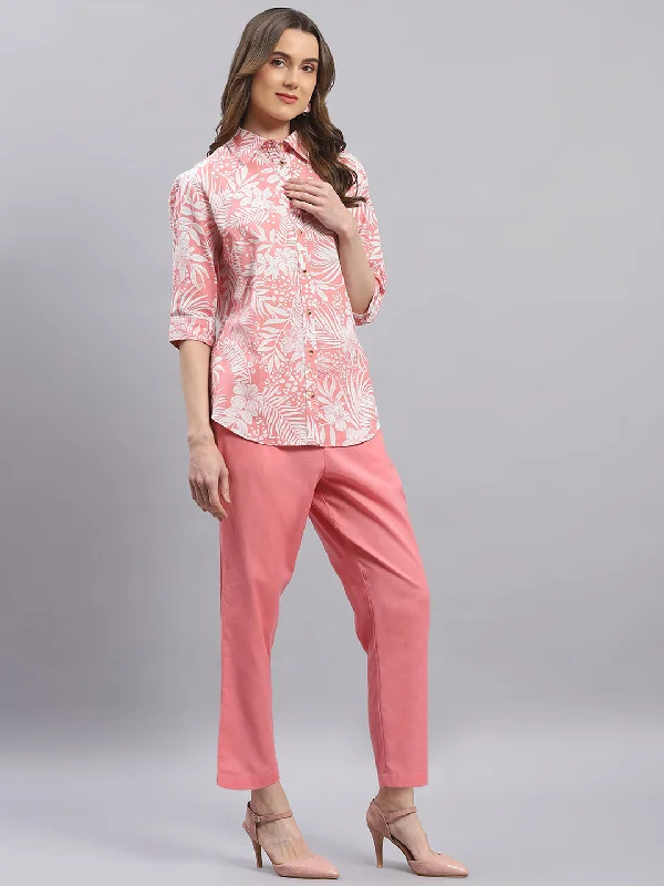 Women Pink Printed Collar 3/4 Sleeve Cords Set