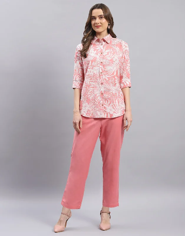 Women Pink Printed Spread Collar Half Sleeve Cords Set