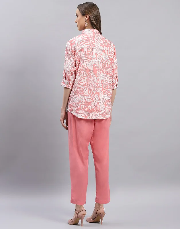 Women Pink Printed Spread Collar Half Sleeve Cords Set