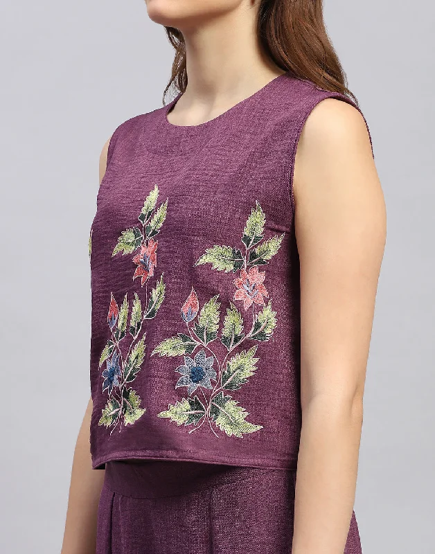 Women Purple Floral Print Collar Neck Sleeveless Cords Set