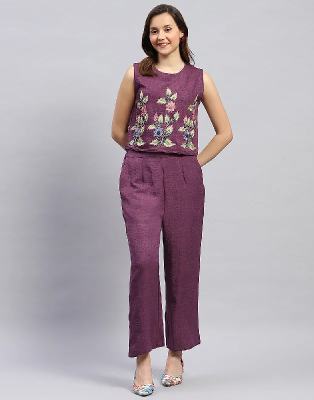 Women Purple Floral Print Collar Neck Sleeveless Cords Set