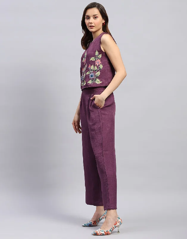 Women Purple Floral Print Collar Neck Sleeveless Cords Set