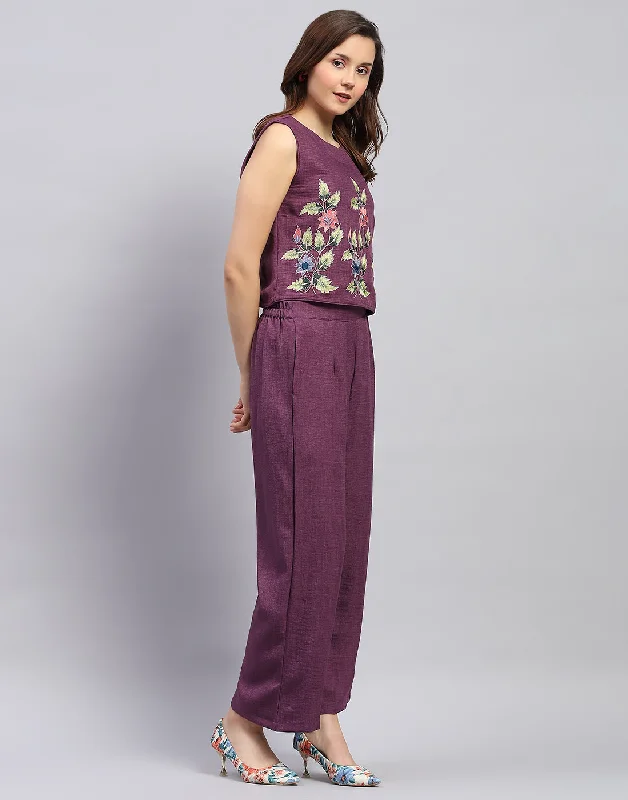 Women Purple Floral Print Collar Neck Sleeveless Cords Set