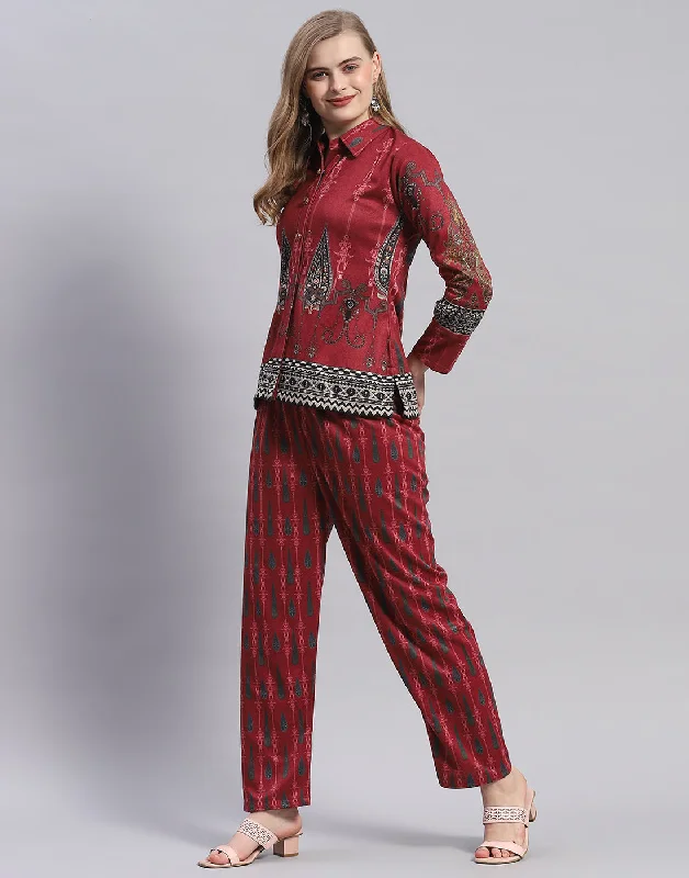 Women Red Embroidered Collar Full Sleeve Cords Set