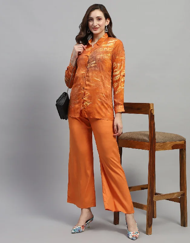 Women Rust Embroidered Collar Neck Full Sleeve Cords Set