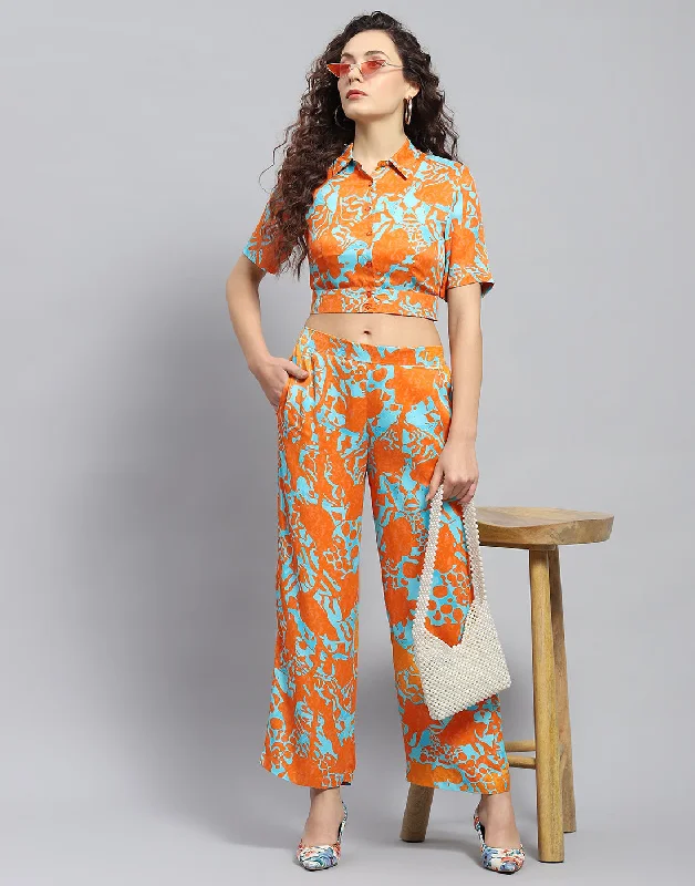 Women Rust Printed Collar Half Sleeve Cords Set