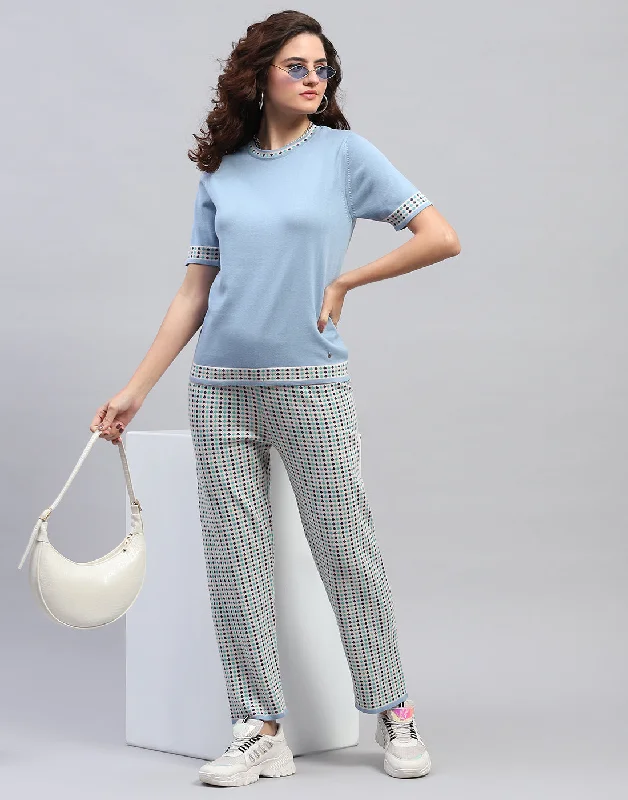 Women Sky Blue Jaquard Round Neck Half Sleeve Cords Set