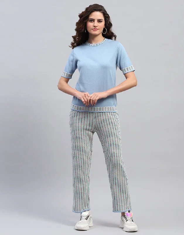 Women Sky Blue Jaquard Round Neck Half Sleeve Cords Set