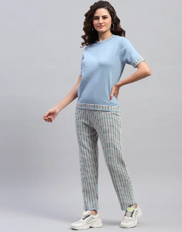 Women Sky Blue Jaquard Round Neck Half Sleeve Cords Set