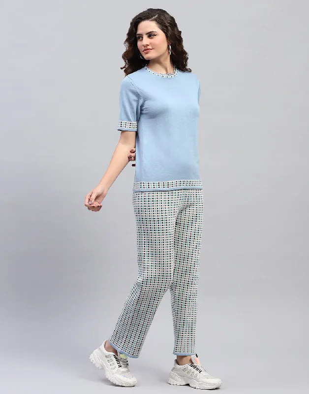 Women Sky Blue Jaquard Round Neck Half Sleeve Cords Set