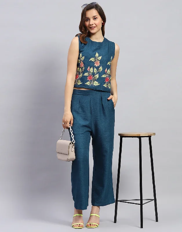 Women Teal Blue Floral Print Collar Neck Sleeveless Cords Set