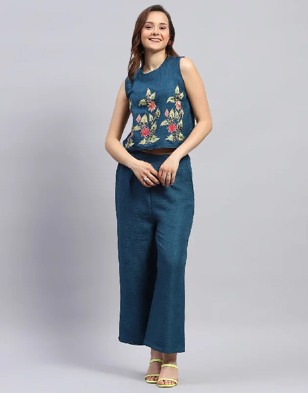 Women Teal Blue Floral Print Collar Neck Sleeveless Cords Set