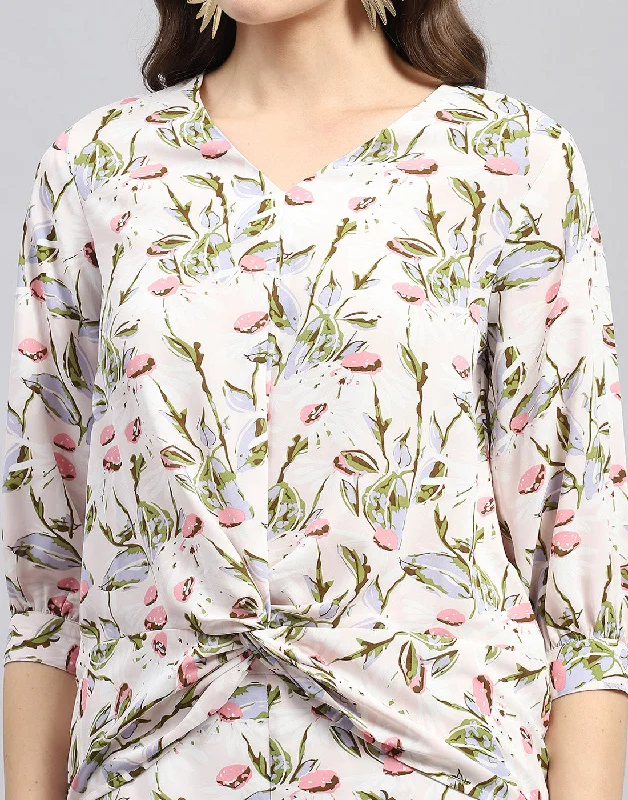 Women White & Pink Floral Print V Neck 3/4 Sleeve Cords Set